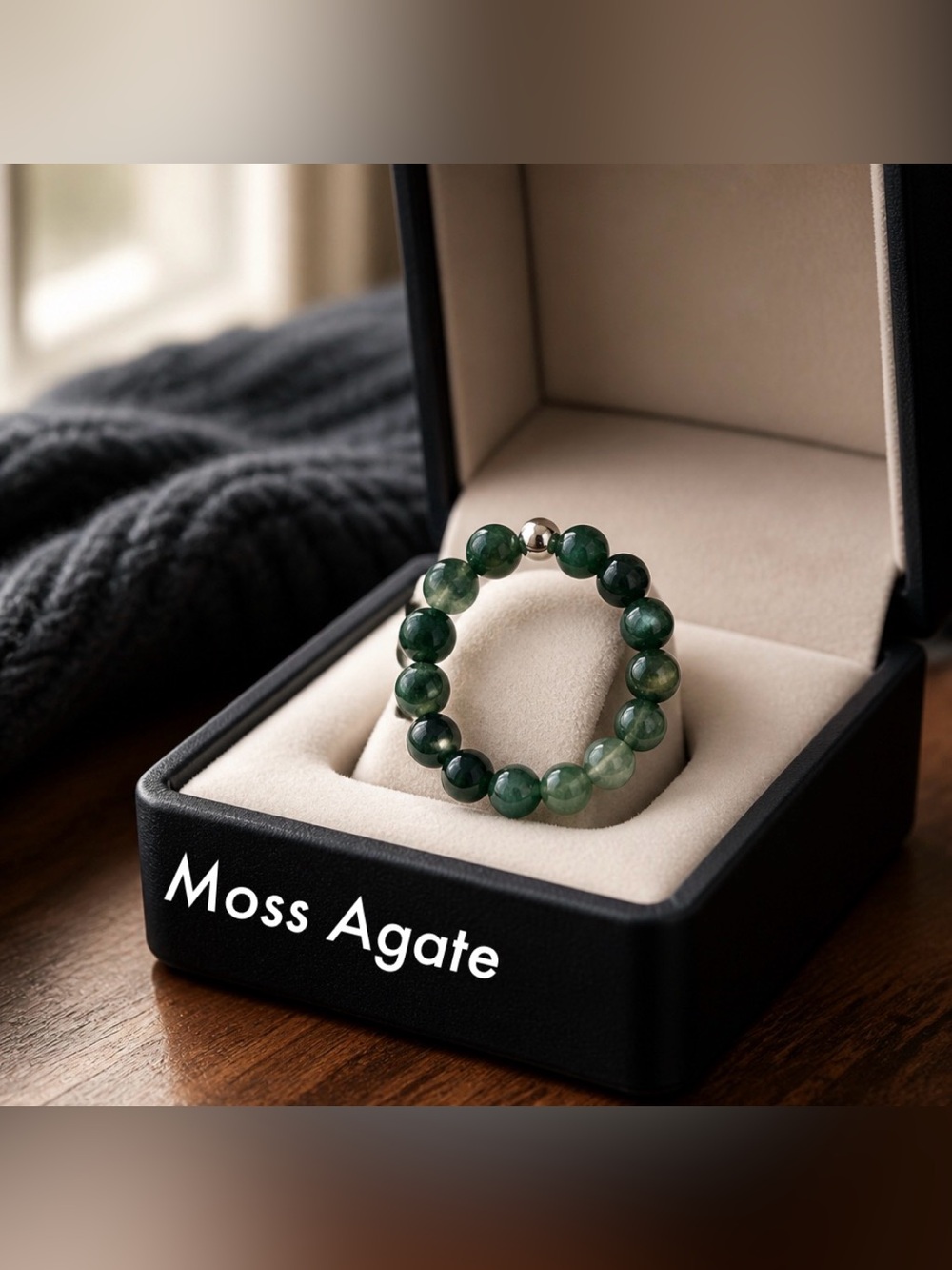 Moss Agate Beaded Stretch Ring - Deep Green Crystal